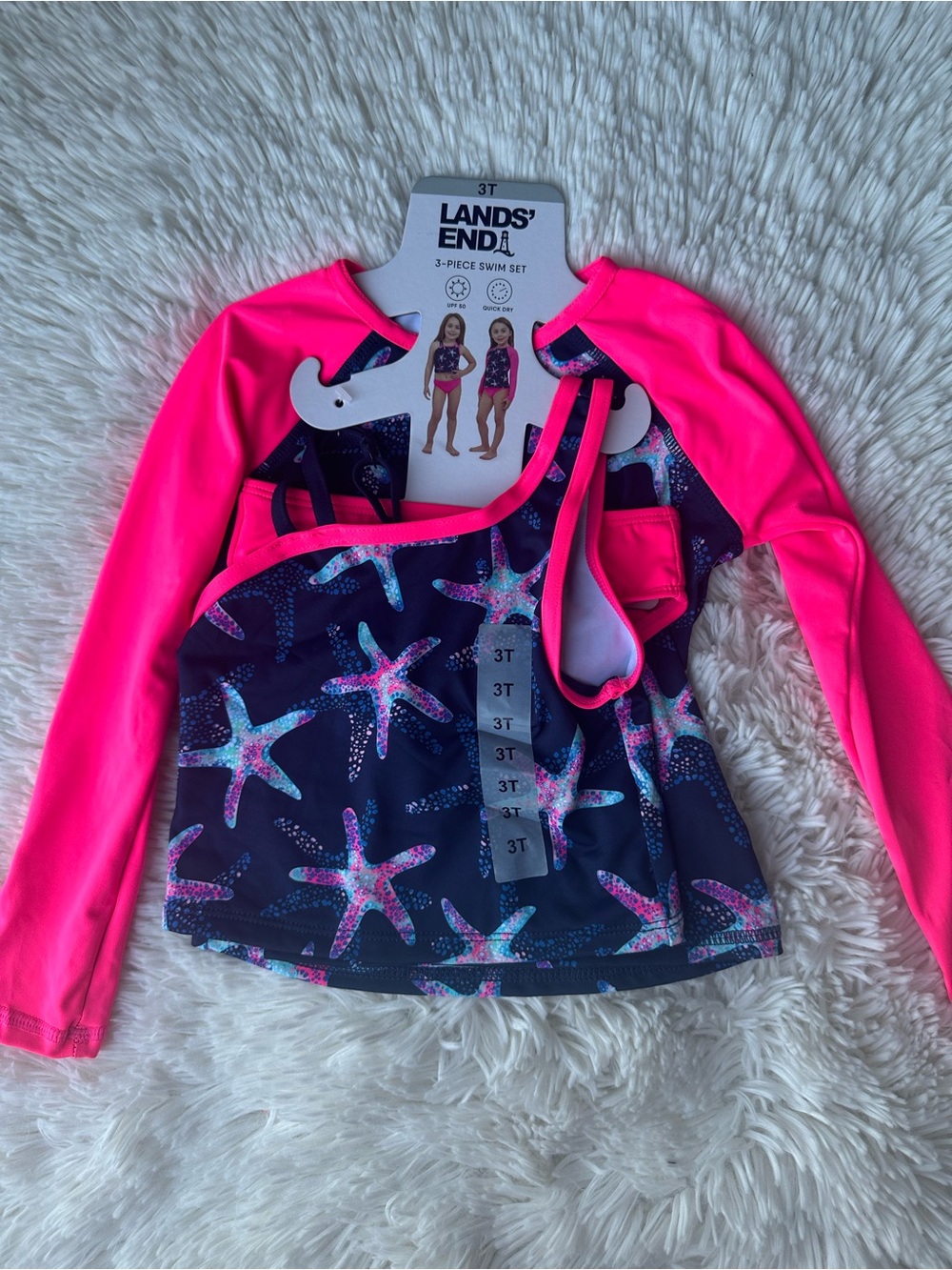 New Lands' End Girls' Pink & Navy Starfish 3-Piece Swim Set (3T)